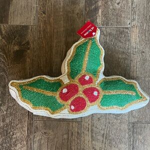 Christmas  Pillow with Green and Red Beading-NWT